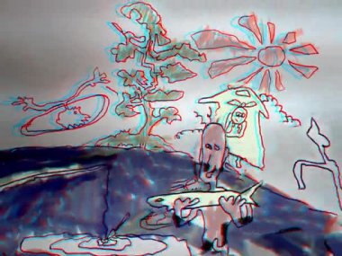Çocuk Çizimi bu videoda çekiliyor. Çizim renkli keçeli kalemlerin yardımıyla boyanmıştır. Video, Anaglyph Yönteminin Kullanılmasında Stereo Biçiminde.