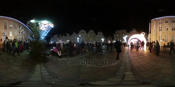 360Vr Video Saint Nicholas' Day in Opole Poland People With Kids Are Celebrating Walking Among Bright Decoration Families Are Watching the Event in Evening — Stock Video