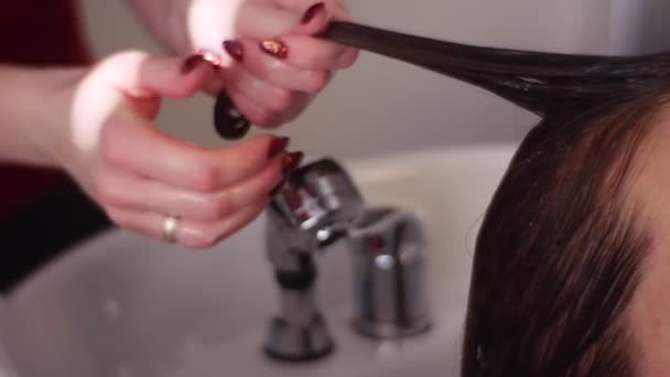 Frotando el bálsamo terapéutico en una hebra de cabello. Sesión terapéutica en la cabaña — Vídeo de stock