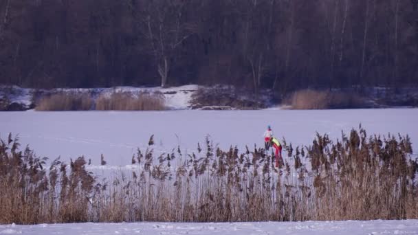 Rodzina gry sportowe na zimowe wakacje nad jeziorem — Wideo stockowe