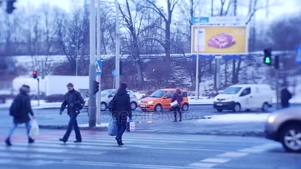 Kierowca dnia w Opolu osób skrzyżowania niosąc torby klienci są do domu kontrolowane przecięcia Crosswalk chłodny gród światłach śnieg — Wideo stockowe