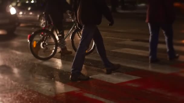 Os pedestres ciclista estão atravessando a estrada na Zebra Caminhando em direção à calçada na Wintry Street Silhouettes of People Walk in a Hurry Busy Schedule Safet.y Traffic — Vídeo de Stock