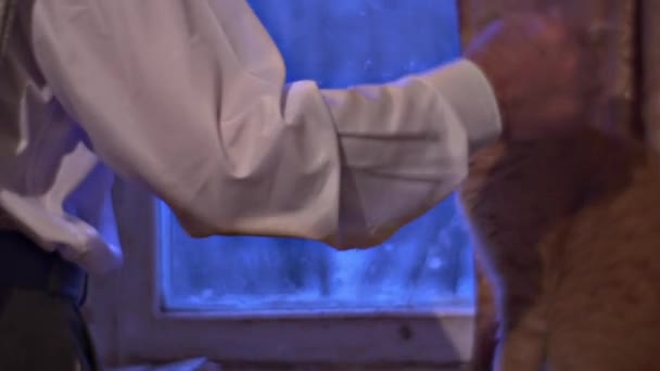 Rote Katze macht alten Mann glücklich Senioren-Haustiere sein kleiner Begleiter alternder einsamer Opa wartet auf den Besuch seiner Kinder und schaut aus dem Fenster — Stockvideo