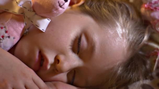 蒂尔达 · 熊玩具可爱小小孩睡觉和拥抱它心爱的软玩具兔和泰迪熊孩子已被下降睡着了解决睡眠问题抗过敏玩具 — 图库视频影像
