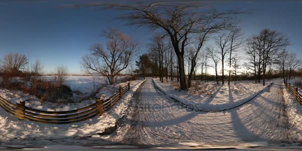 360vr Video Serene Winter landschap Park plattelandsdorpje Snowy weg door zonsondergang verlicht stralen lange schaduwen van de bomen positieve emoties van de Winter lopen Blue Hour — Stockvideo