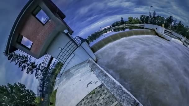 Little Tiny Planet 360 Degree Problem of Water Pollution Natural Disaster River Waves Close View Observation Tower on the Bank Evening Landscape Cloudscape — Stock Video