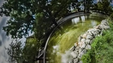 Parlak mavi gökyüzü güneşli sıcak gün Pearl evren göl manzara zevk Park ile çevrili küçük küçük 360 derece sulu yüzey Dünya gezegeni