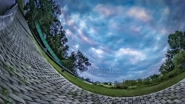 Rabbit Hole Planet 360 Degree Embankment by Dam Water is Rippling Pastel Evening Cloudscape Fresh Water Stocks on the Earth Blue Pearl of Universe — Stock Video