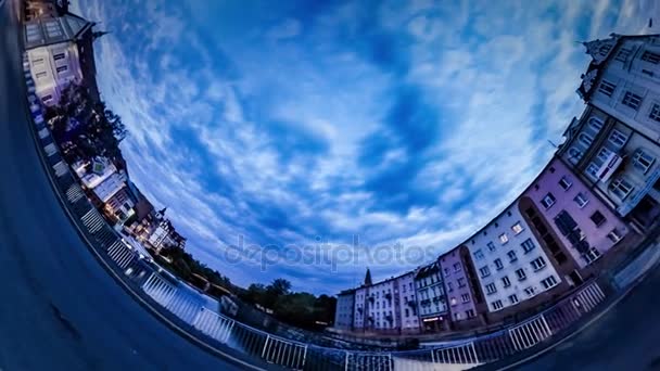 Rabbit Hole Planet 360 Degree Double Car Bridge in Evening Historical Architecture Authentic Old Style Buildings Along River Virtual Walk by Amazing Town — Stock Video