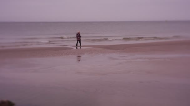Girl Walking Playing Sea Coast Cold Weather — Vídeo de Stock