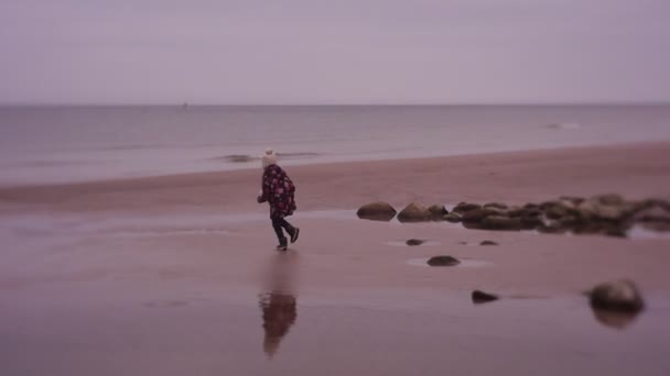 Girl Walking Playing Sea Coast Cold Weather — стоковое видео