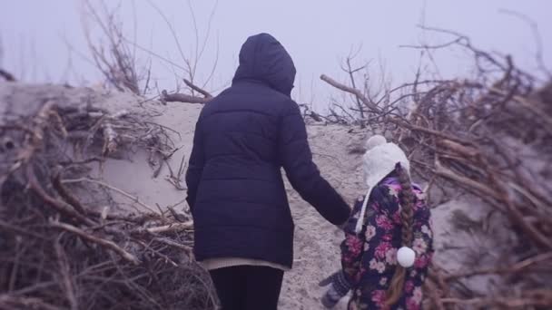 Bezoekers van het najaar strand proberen naar klim bergop — Stockvideo