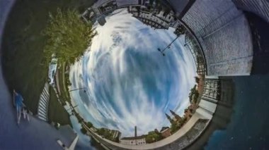Spherical Panorama of Oder River Embankment. Video 360 Degree Rabbit Hole Planet, Timelapse. People Are Walking Along the Water in Sunny Day, Enjoying Marvelous Fairy Tale Cityscape. Religious Buildings, Towers of Catholic Cathedral Are Visible on a