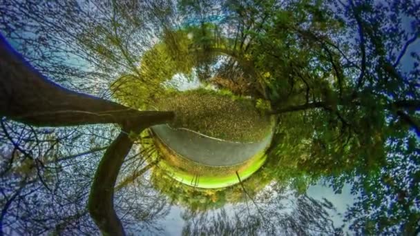 Mini-Planet 360-Grad-Pfad im Park schöne Landschaft Reisen um die Welt gelben Blättern und grünem Gras Herbst Natur der Gasse in Stadtpark oder Wald — Stockvideo