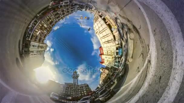 Hole Planet 360 Degree Lev Tolstoy Square Kiev Sights Traffic on Unrepaired Road Buildings Facades Springtime Cityscape in Warm Sunny Day Famous Capitals — Stock Video