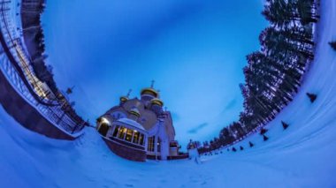 Tiny Little Planet. Coniferous Forest, Sky Over Orthodox Church. Spherical Video, Panorama Video, Time Lapse. Its Getting Dark on the Square, Light Comes From Church