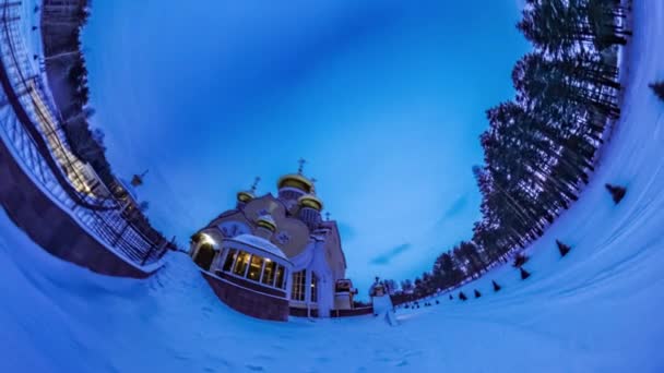 Tiny Little Planet Coniferous Forest Sky Orthodox Church Spherical Video — Stockvideo