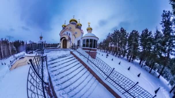 Tiny Little Planet Coniferous Forest Sky Orthodox Church Spherical Video — 图库视频影像