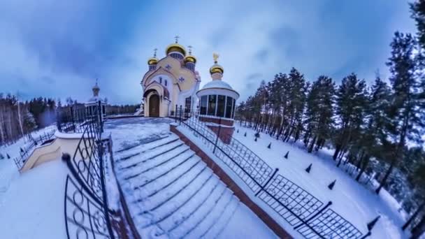 Tiny Little Planet Coniferous Forest Sky Orthodox Church Spherical Video — ストック動画