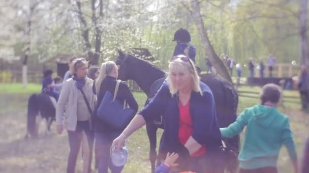 Mooi zwart paard draagt een klein meisje op een rug — Stockvideo