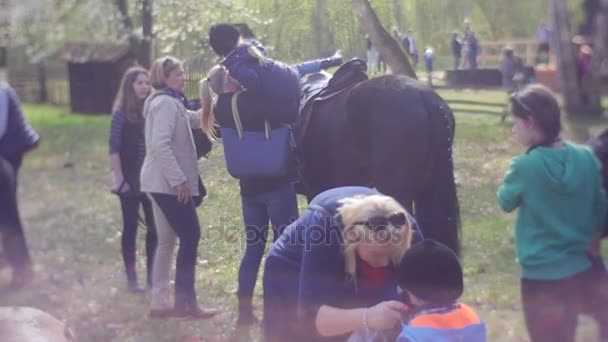 Instructor ayuda a chica a acampar en sillín ancho — Vídeo de stock