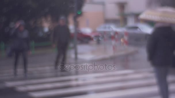 As pessoas na cidade atravessam a estrada em um semáforo na chuva, frio e chuva Weather.out de foco — Vídeo de Stock