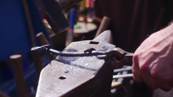男性铁匠创造美丽的钢马蹄铁 — 图库视频影像