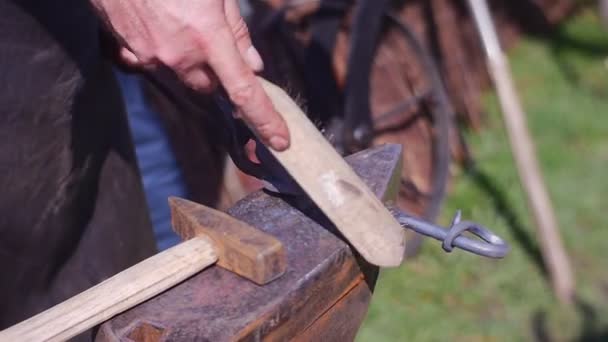 Man Smed Skapande Vackra Stål Hästsko — Stockvideo