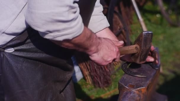 美丽的金属马蹄躺在生锈的铁锹上 A史密斯在她的表面上刻了一个雕刻品 作为工具 他使用了重锻锤 工业铁锤和带有符号的坚固钢棒 — 图库视频影像