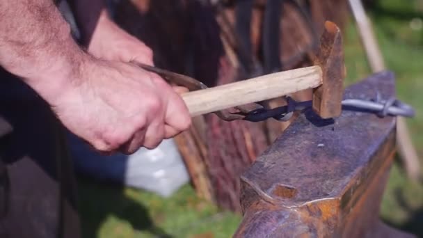 美しい鋼鉄ホースシューの創造の男性のブラックスミス — ストック動画
