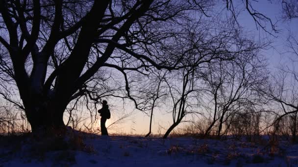 Silhouette Dell Uomo Che Trascorre Del Tempo Sul Lago Ghiacciato — Video Stock