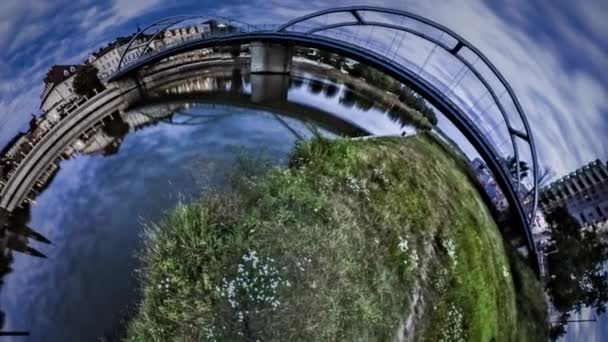 360 Graden Panorama Van Brug Rivier Stad — Stockvideo