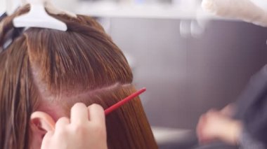 Spa salonunda kadın müşterinin saçını tarayan kuaför.
