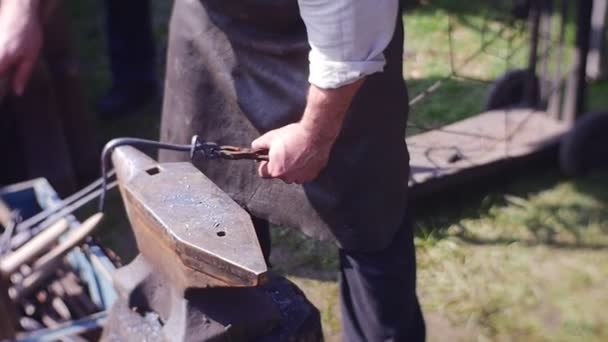 男性铁匠创造美丽的钢马蹄铁 — 图库视频影像