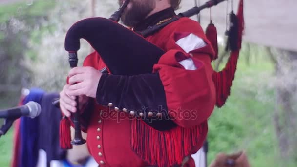Жирный музыкант играет на волынке — стоковое видео