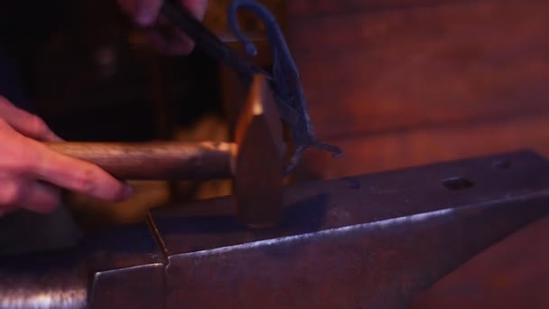 Um homem trabalha com metal no ferreiro — Vídeo de Stock