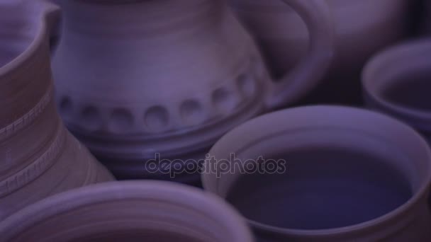 Panorama of Clay Mugs Cups and Jugs on a Table Pottery Workshop National Art Panorama of the Objects Placed on the Table Blue White and Brown Vessels — Stock Video