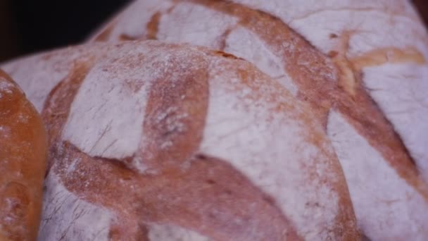 Tasty Bread on the Counter of the Bakery Delicious Bread Rustic Still Life Wonderful Smell of Fresh Bread Which is Still Warm Memories of Childhood — Stock Video