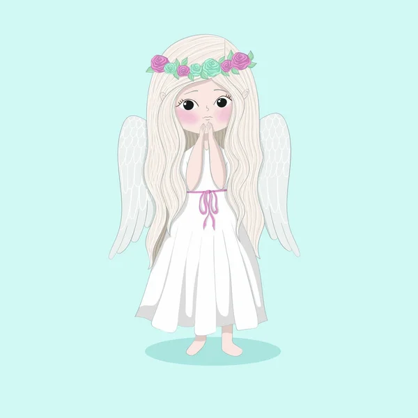 Χαριτωμένο Άγγελος Λουλούδια Μικρό Κορίτσι Μακριά Μαλλιά Ένα Λευκό Φόρεμα — Διανυσματικό Αρχείο