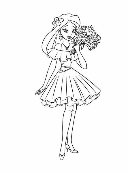 Girl bouquet flowers coloring pages cartoon — Stock Photo, Image