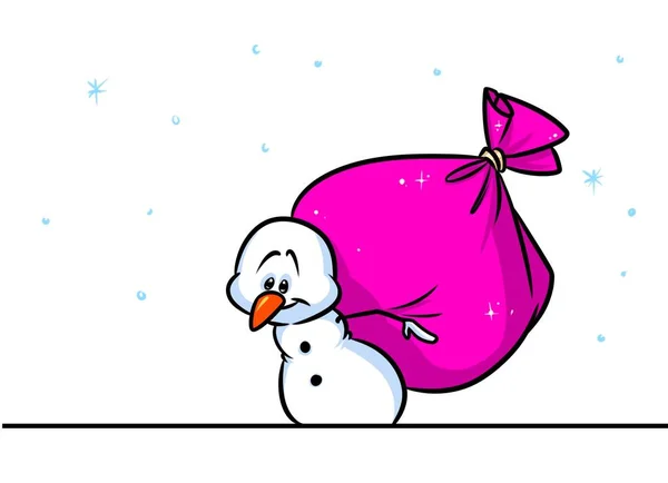 漫画のクリスマス雪だるま文字大きな袋プレゼント — ストック写真
