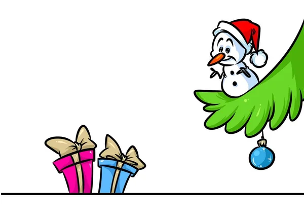 Navidad muñeco de nieve pequeño personaje regalos árbol rama dibujos animados — Foto de Stock