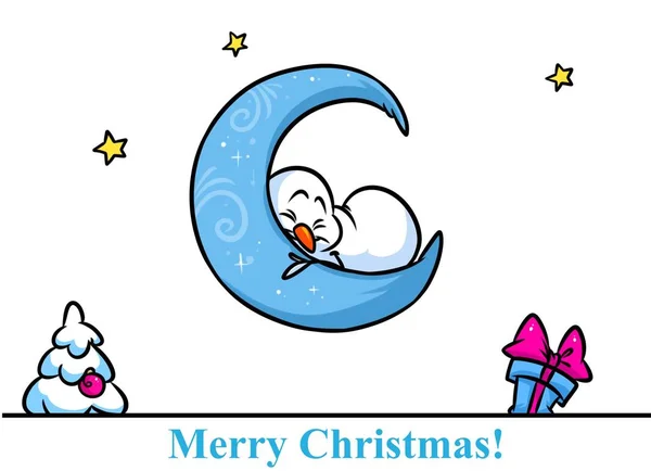 Christmas snowman character sleeping moon cartoon