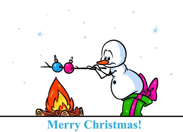 Weihnachten Feuer Geschenk Schneemann Charakter Cartoon — Stockfoto