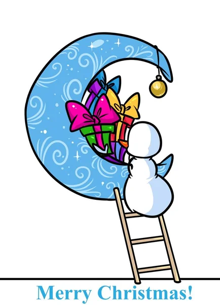 Weihnachten Schneemann Charakter sehen Nachthimmel Sterne Cartoon — Stockfoto