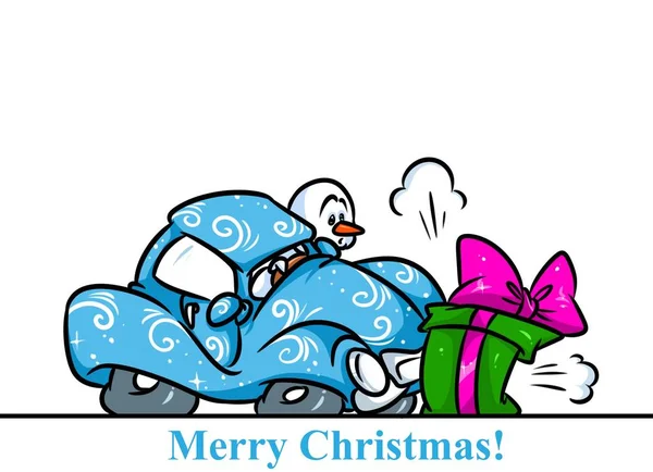 Christmas snowman character car accident gift cartoon — Stock Photo, Image