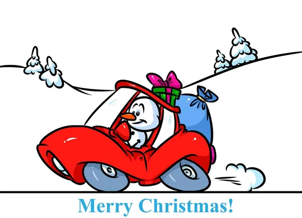 Christmas snowman character red car gifts cartoon — Stock Photo, Image