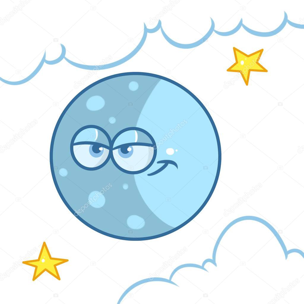 big blue moon smile sky cartoon illustration star clouds minimalism 