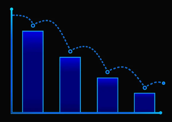 Gráfico de barras decreciente con flecha azul. Gráfico de barras isométrico con dos ejes y columnas, que muestra el rápido declive sobre un fondo negro. Eps 10 ilustración vectorial — Vector de stock