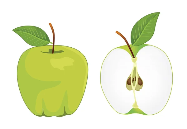Manzana verde entera y media manzana, conjunto —  Fotos de Stock